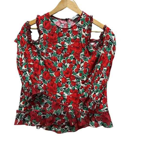 Zara Womens Size S Red Floral Ruffle Cold Shoulder Blouse Cottagecore, Coquette - Picture 1 of 11